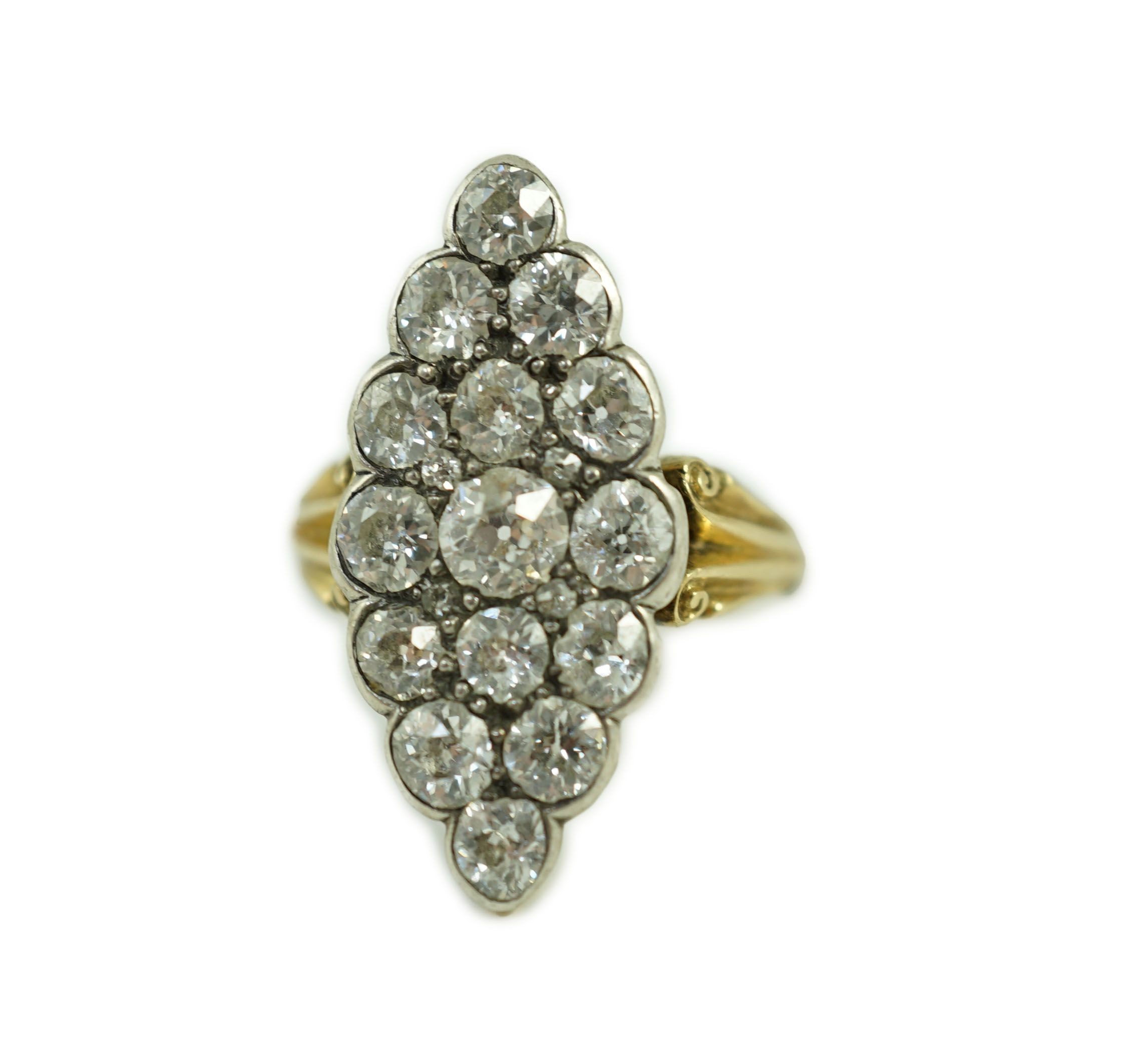 A Victorian style 18ct gold and fifteen stone diamond set marquise cluster dress ring